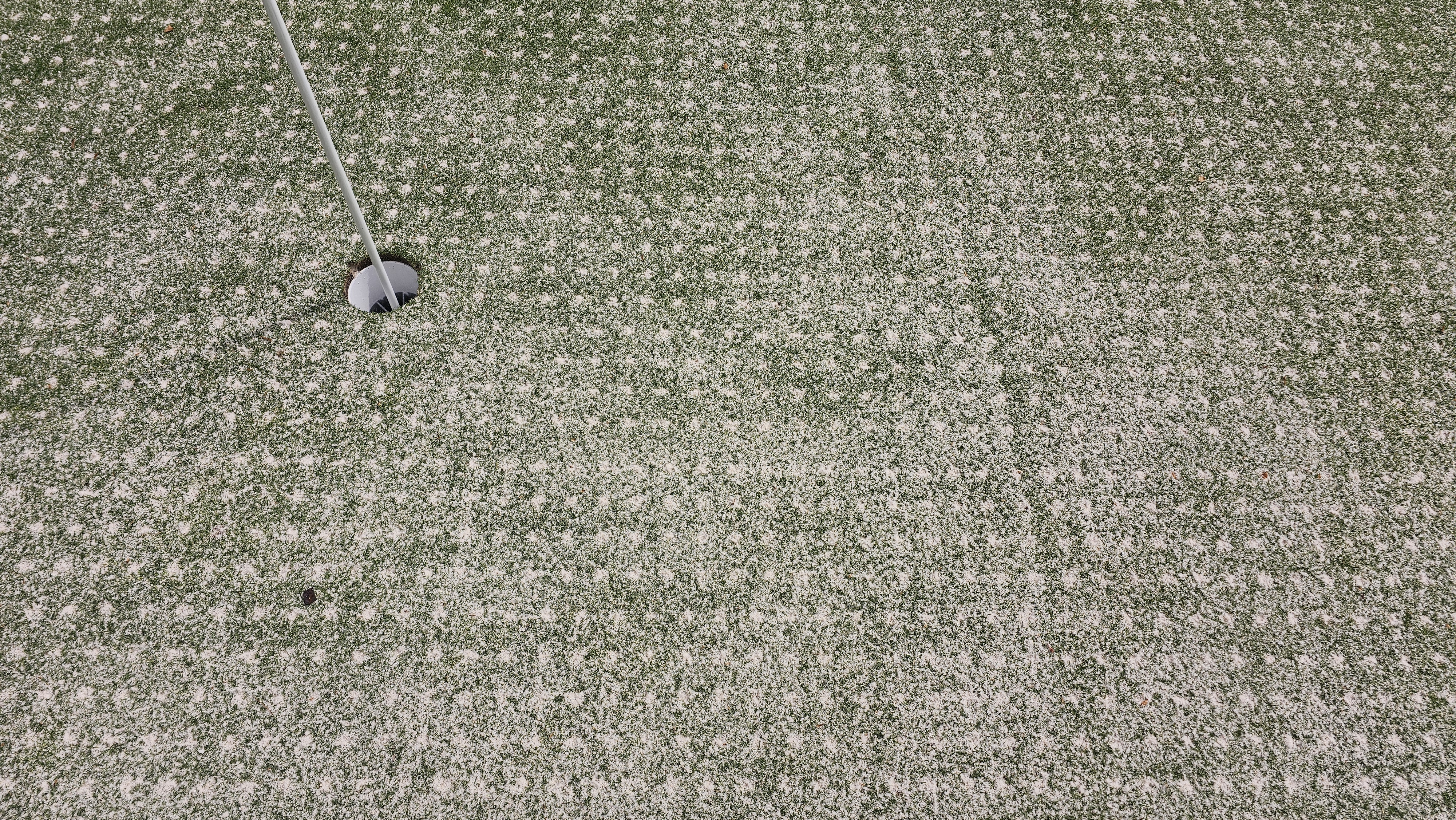 Close view of a putting green filled with sand after aerification, showing smooth topdressing incorporation around the cup.